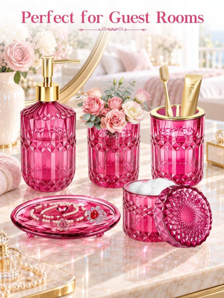 Juego de Accesorios de Baño Haturi Rosa Intenso 5 Piezas Vidrio