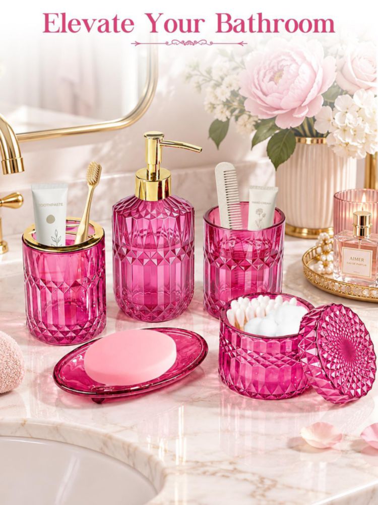 Juego de Accesorios de Baño Haturi Rosa Intenso 5 Piezas Vidrio