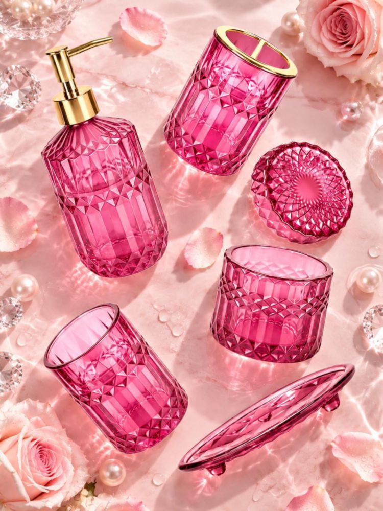Juego de Accesorios de Baño Haturi Rosa Intenso 5 Piezas Vidrio