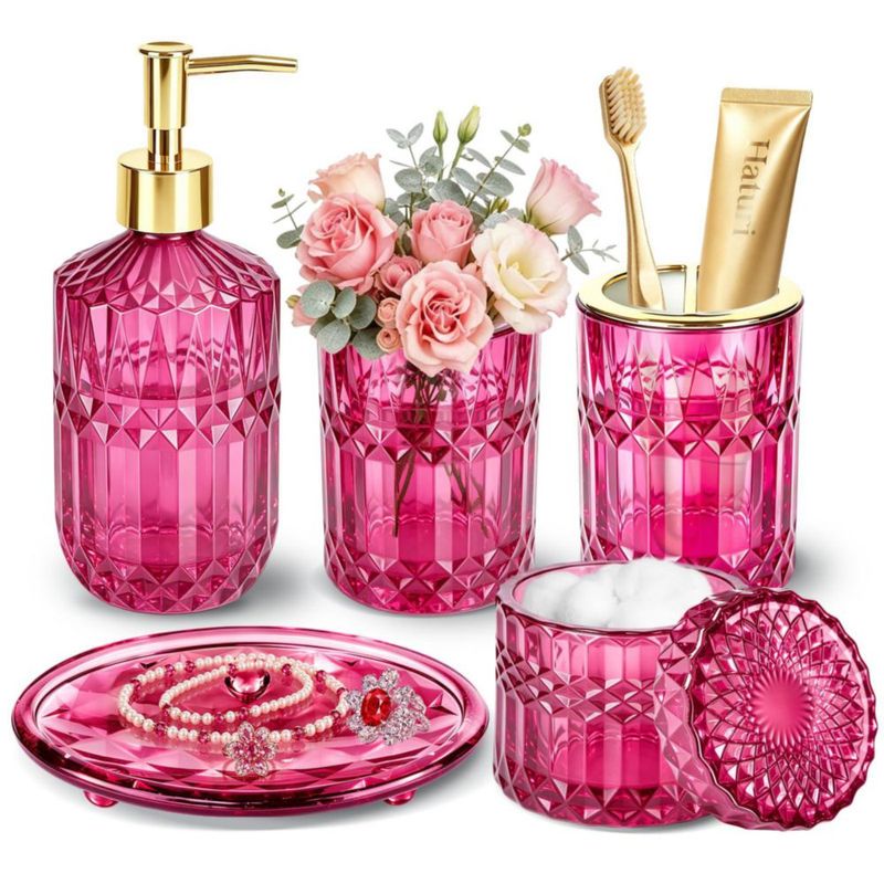 Juego de Accesorios de Baño Haturi Rosa Intenso 5 Piezas Vidrio