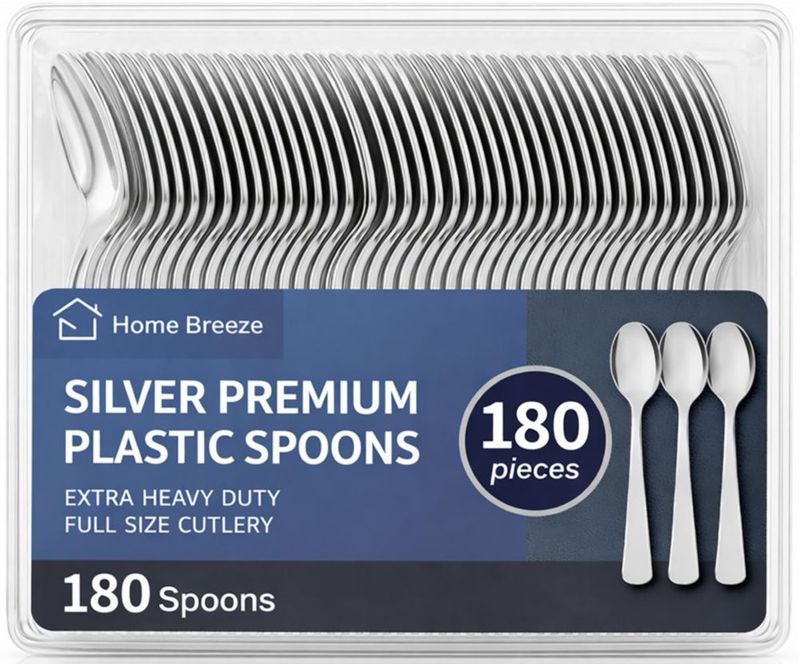 Cucharas de plástico plateado extra resistentes HOME BREEZE – 180 unidades