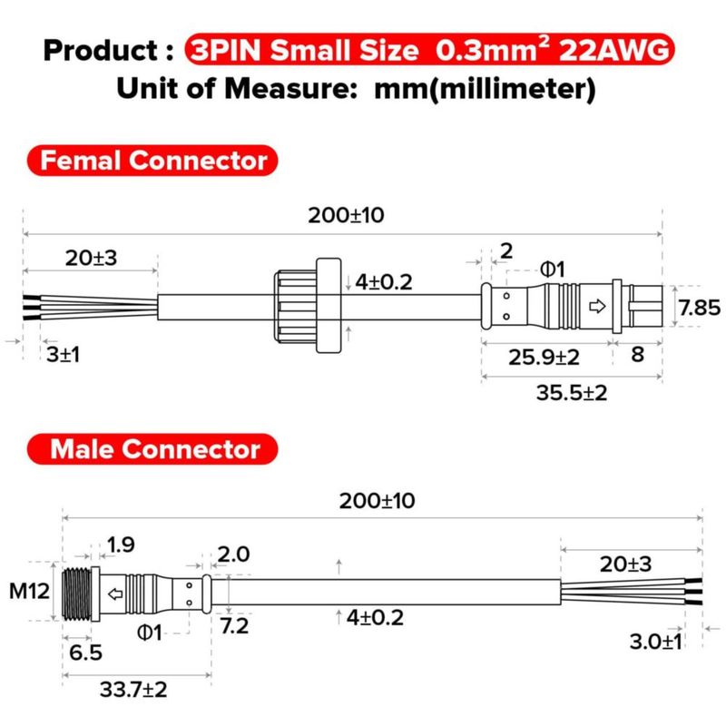 Conector BTF-LIGHTING de 20 cm 3 pines IP65 5 pares