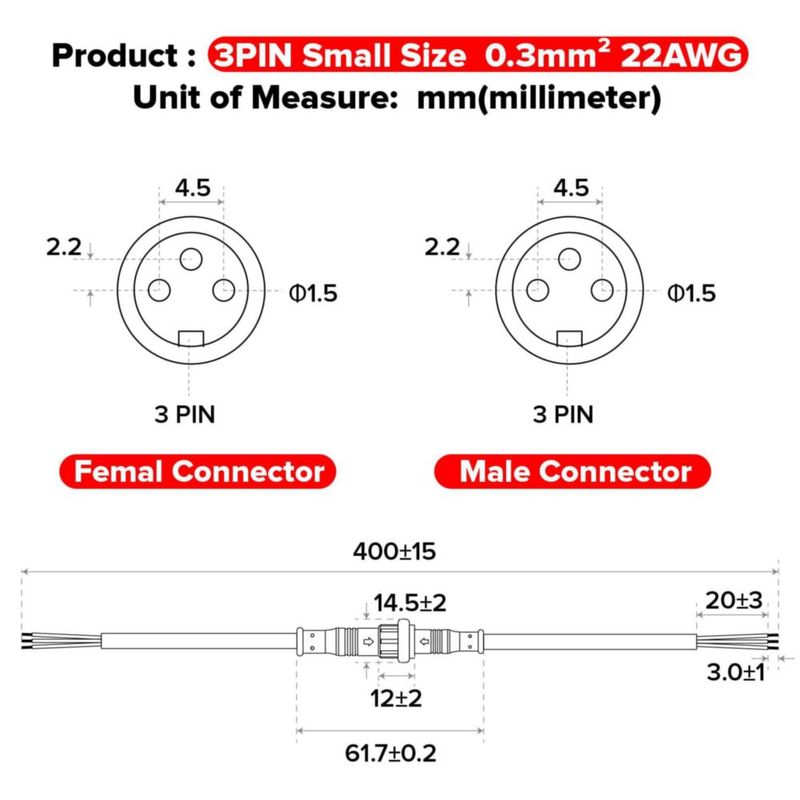 Conector BTF-LIGHTING de 20 cm 3 pines IP65 5 pares