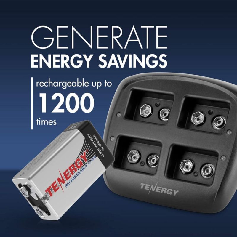 Cargador de baterías Tenergy 9V Li‑ion de 4 bahías + 8 baterías
