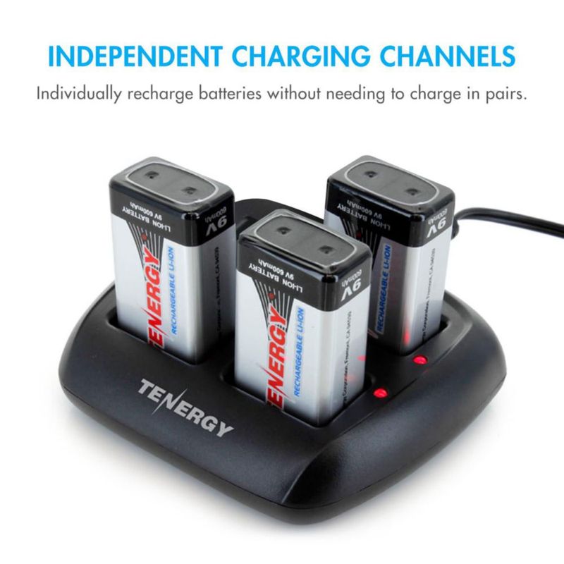 Cargador de baterías Tenergy 9V Li‑ion de 4 bahías + 8 baterías