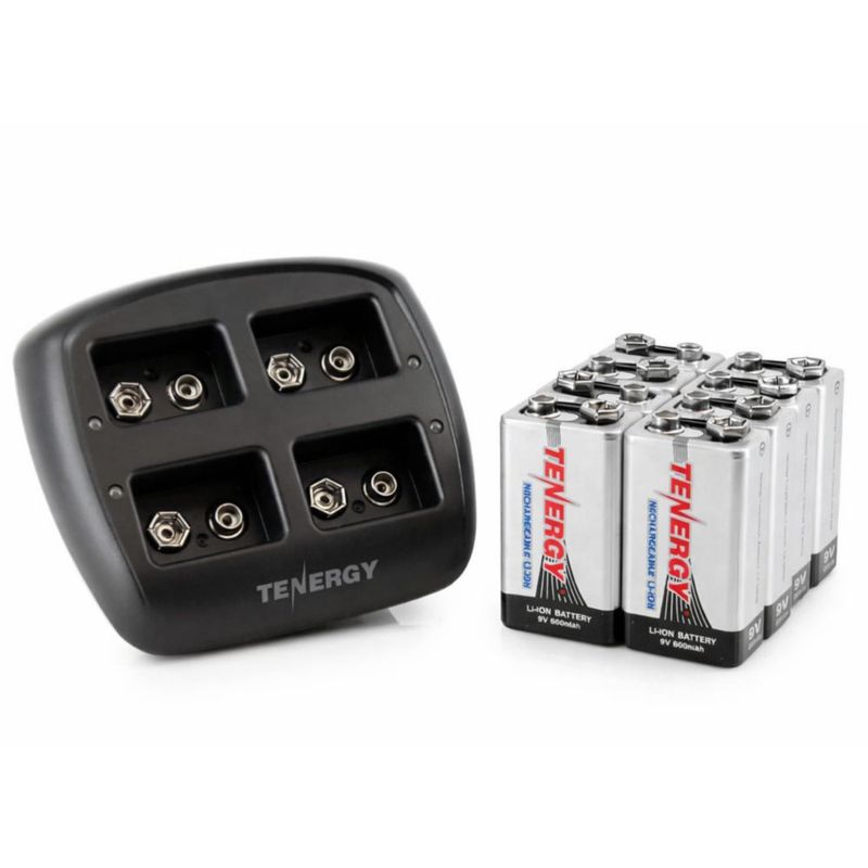 Cargador de baterías Tenergy 9V Li‑ion de 4 bahías + 8 baterías