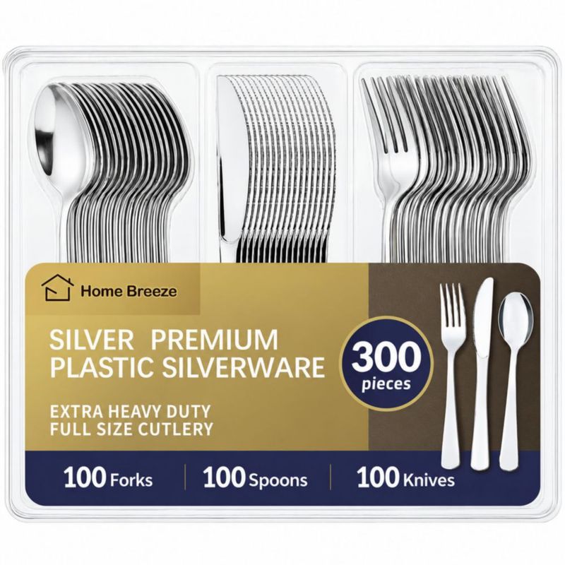 Cubiertos HOME BREEZE 300 piezas de plástico plateado