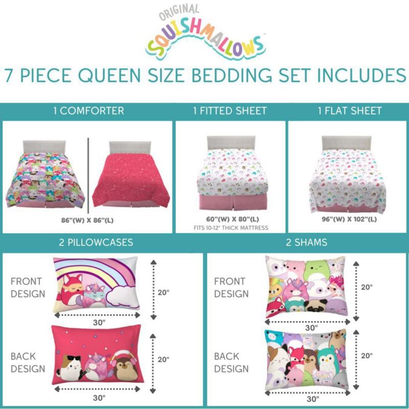 Juego de ropa de cama Franco Queen de 7 piezas Squishmallows súper suave