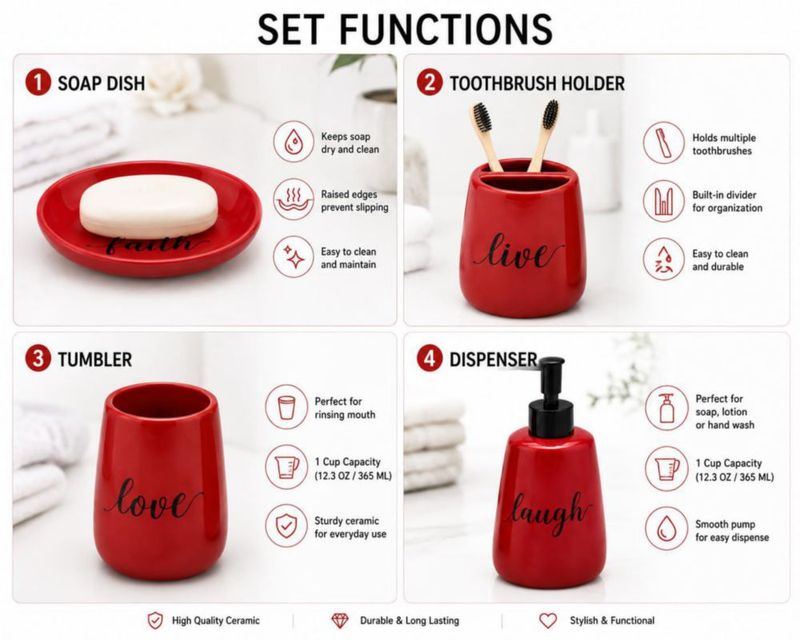 Juego de baño genérico de 4 piezas rojo cerámico decorativo