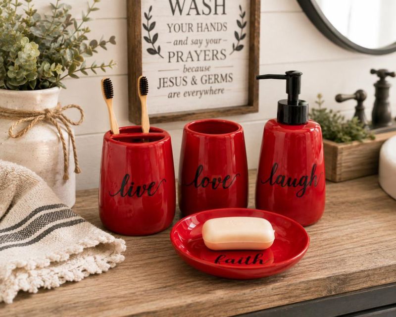 Juego de baño genérico de 4 piezas rojo cerámico decorativo
