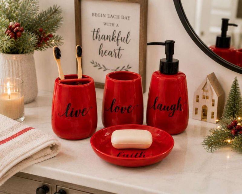 Juego de baño genérico de 4 piezas rojo cerámico decorativo