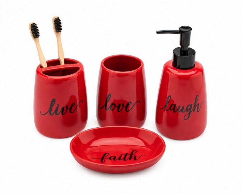 Juego de baño genérico de 4 piezas rojo cerámico decorativo