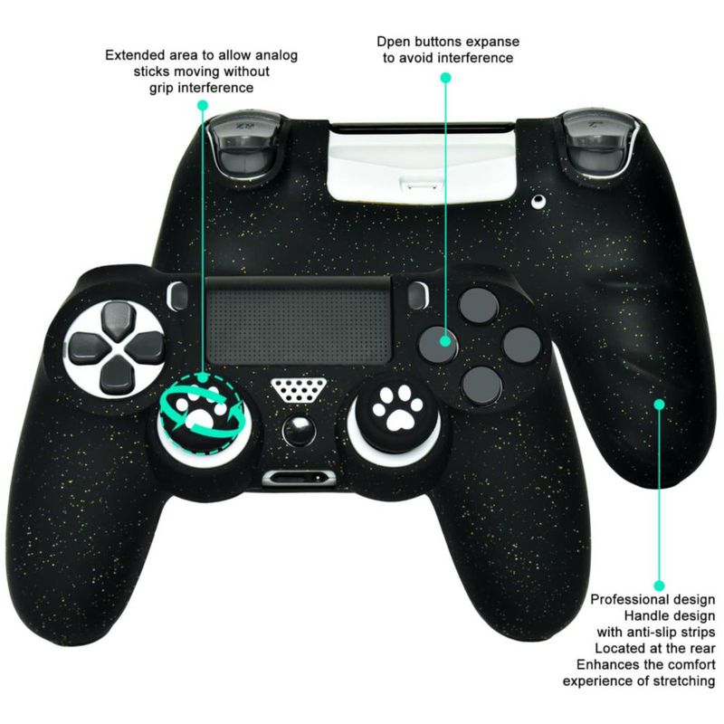 Cubierta para mando PS4 HLRAO negro con brillo 8 piezas + tapas de agarre