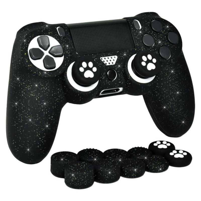 Cubierta para mando PS4 HLRAO negro con brillo 8 piezas + tapas de agarre
