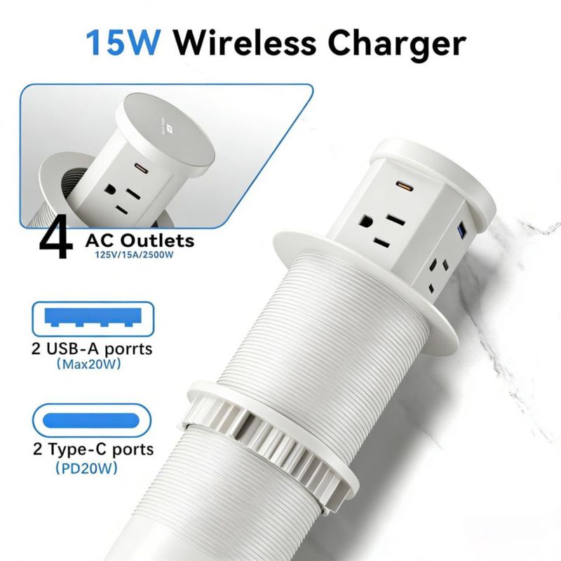 Toma de corriente Redcomets 6 cm 4 AC/2 USB‑C/2 USB‑A 15 W inalámbrico