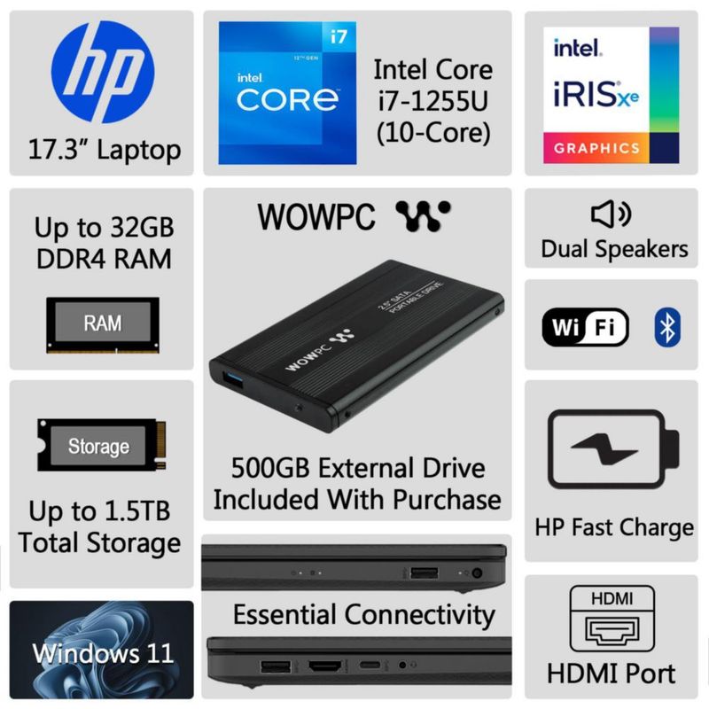 Laptop HP 17.3" i7-1255U 8GB 256GB SSD + 500GB externo
