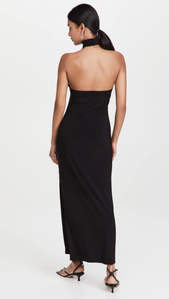 Vestido Norma Kamali Negro XS con escote halter y cuello tortuga abertura lateral alta