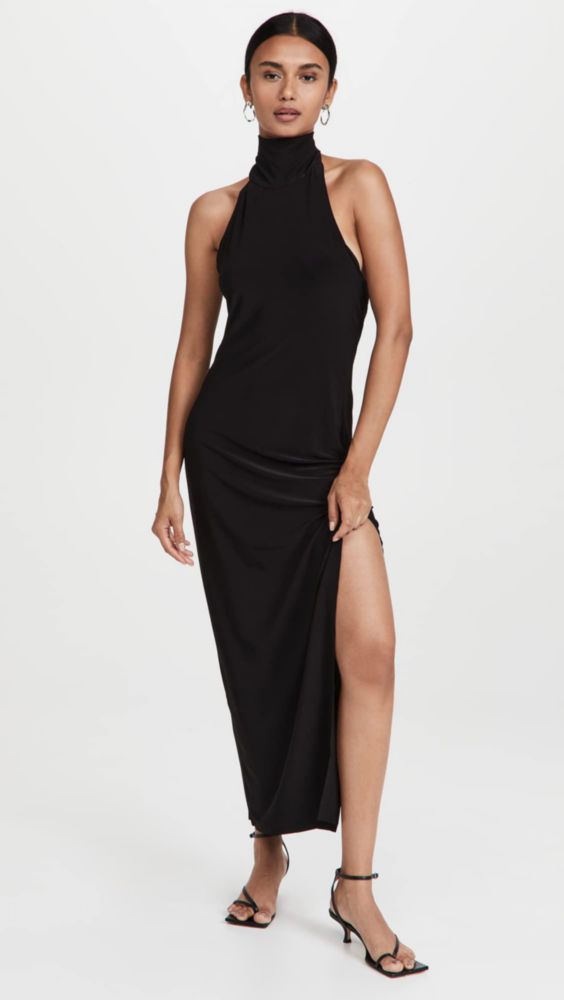 Vestido Norma Kamali Negro XS con escote halter y cuello tortuga abertura lateral alta