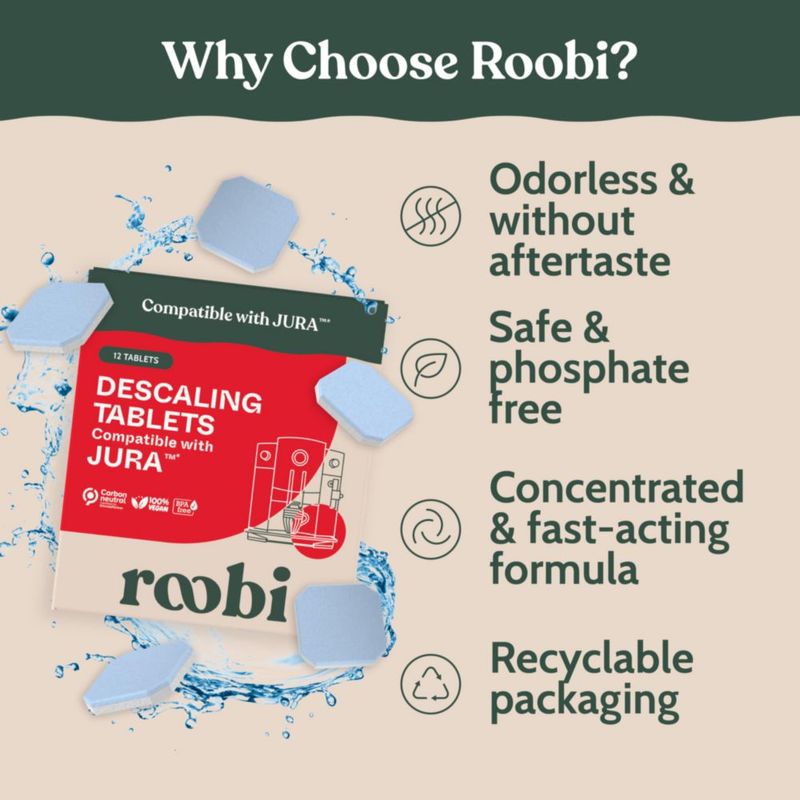 Tabletas descalcificantes Roobi compatibles con Jura – paquete de 12 veganas