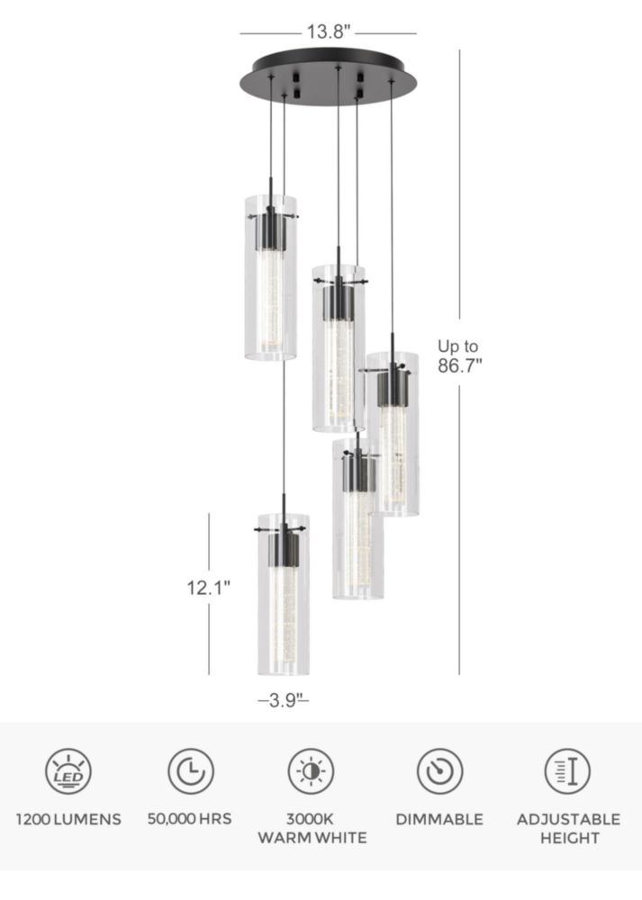 Candelabro Tawson de 5 luces LED con cristal burbuja negro