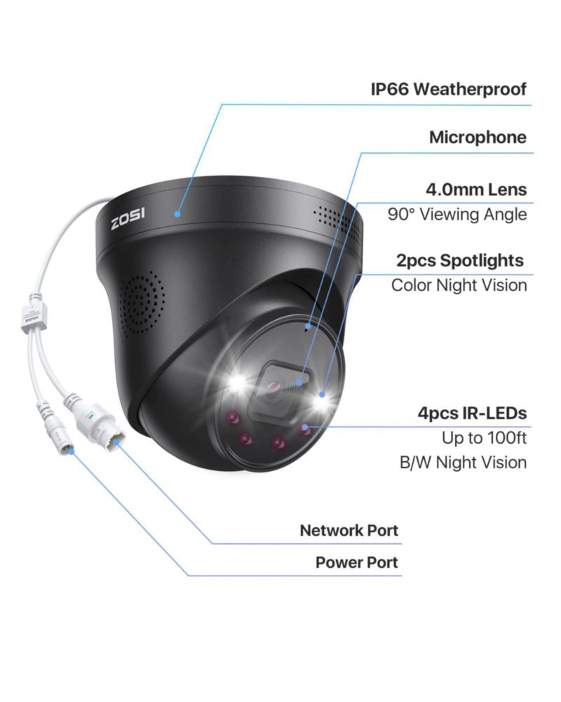 Cámara de Seguridad ZOSI 8MP 4K PoE Domo para Exterior e Interior