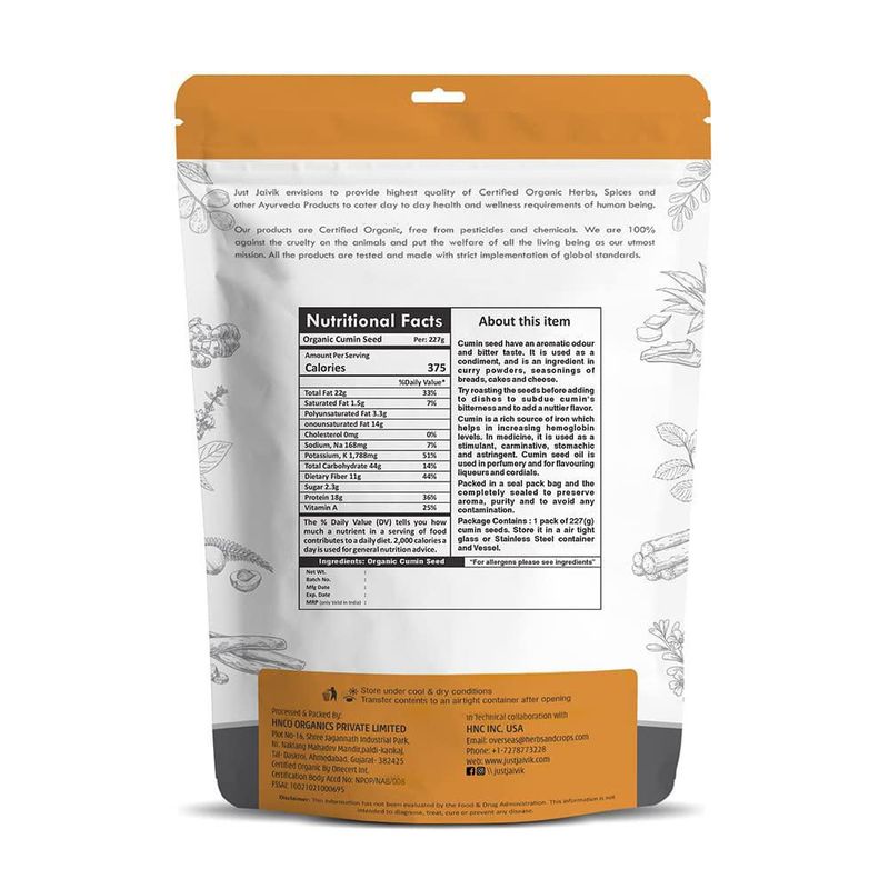 Semillas de comino Just Jaivik enteras 227 g para cocinar y sazonar