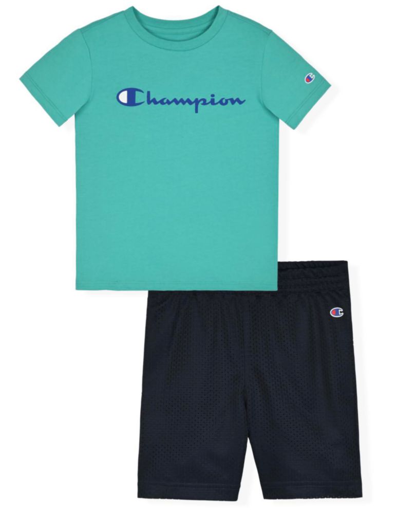 Conjunto Champion para niños de 2 piezas: camiseta de manga corta y short de malla