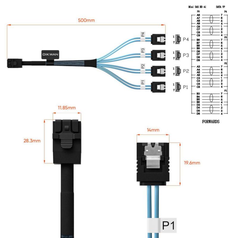 Cable interno IKWAN HD Mini SAS a 4XSATA de 50 cm SFF-8643