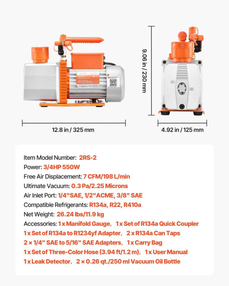Kit de bomba de vacío HVAC VEVOR 7 CFM 3/4 HP de dos etapas