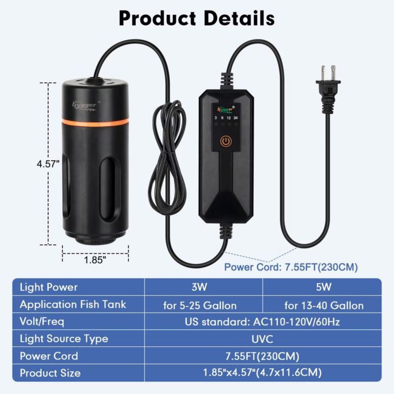 Luz UV para Acuario hygger 3W con Temporizador Control de Algas 5-25 Gal