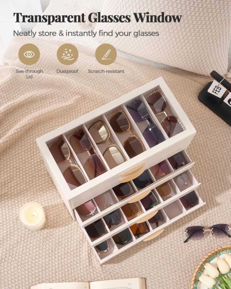 Lolalet Estuche Organizador de Gafas de Sol de 30 Ranuras para Mujer Soporte de Almacenamiento de 5 Niveles con Tapa Transparente Regalo del Día de la