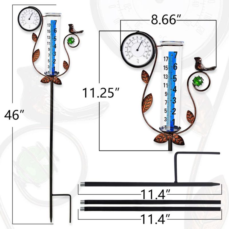 JOYBEE Pluviómetro con forma de pájaro y termómetro decoración de jardín medidor de lluvia preciso para exteriores pluviómetro para patio con estaca