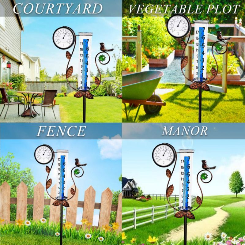 JOYBEE Pluviómetro con forma de pájaro y termómetro decoración de jardín medidor de lluvia preciso para exteriores pluviómetro para patio con estaca