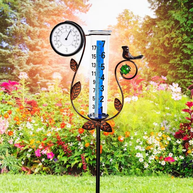 JOYBEE Pluviómetro con forma de pájaro y termómetro decoración de jardín medidor de lluvia preciso para exteriores pluviómetro para patio con estaca