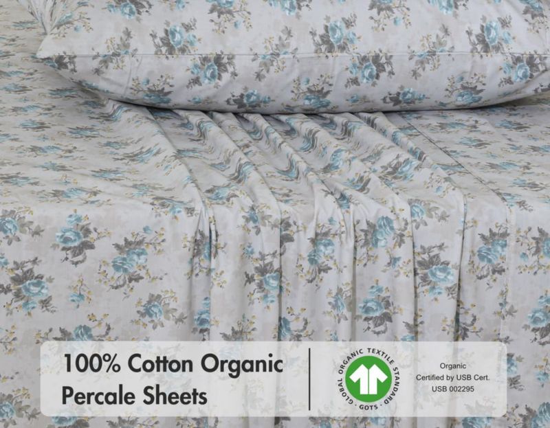 Juego de sábanas RUVANTI Full de algodón orgánico Percale Azul Rosa