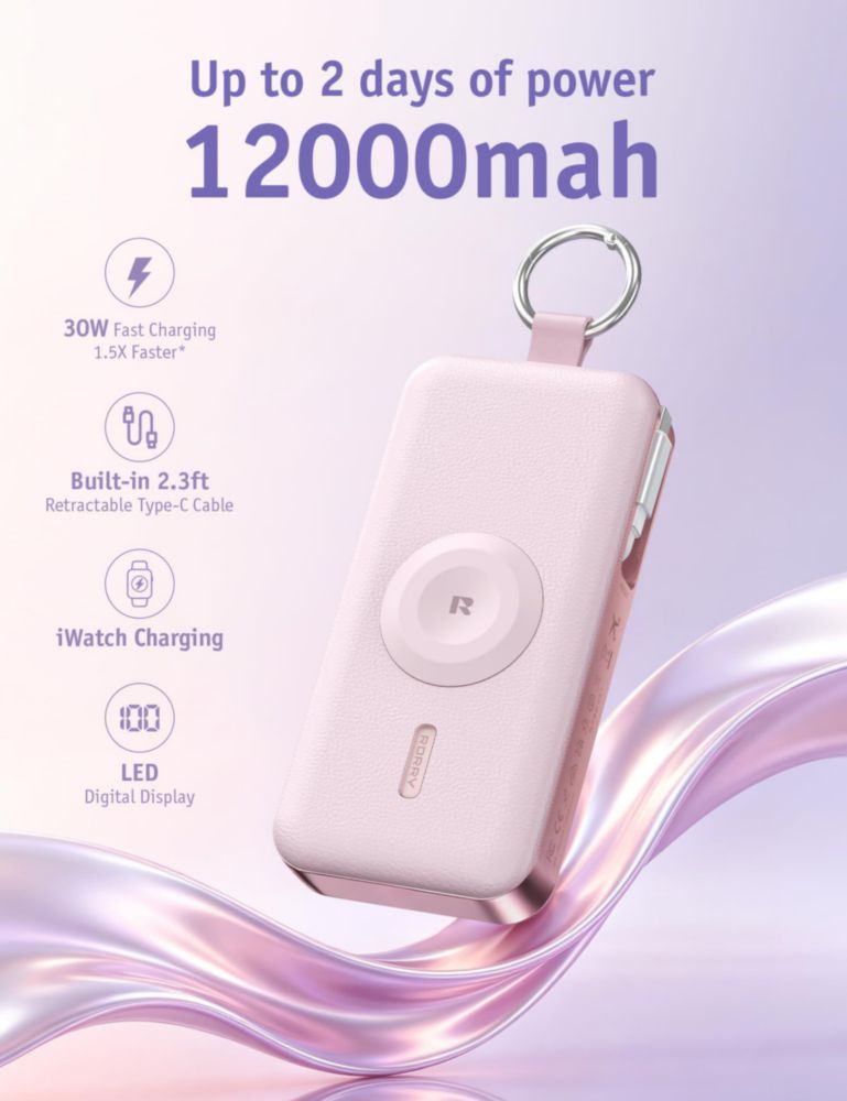 Power Bank RORRY 12000 mAh 3 en 1 Cargador para iPhone