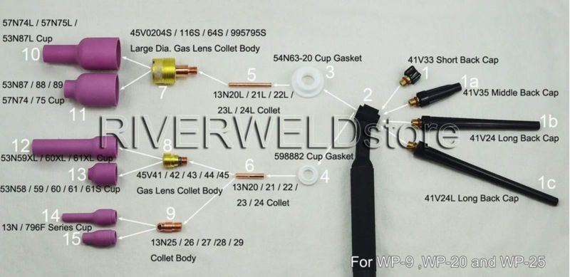 Tapas traseras para antorcha TIG RIVERWELD 41V24 10 piezas WP‑9/20/25