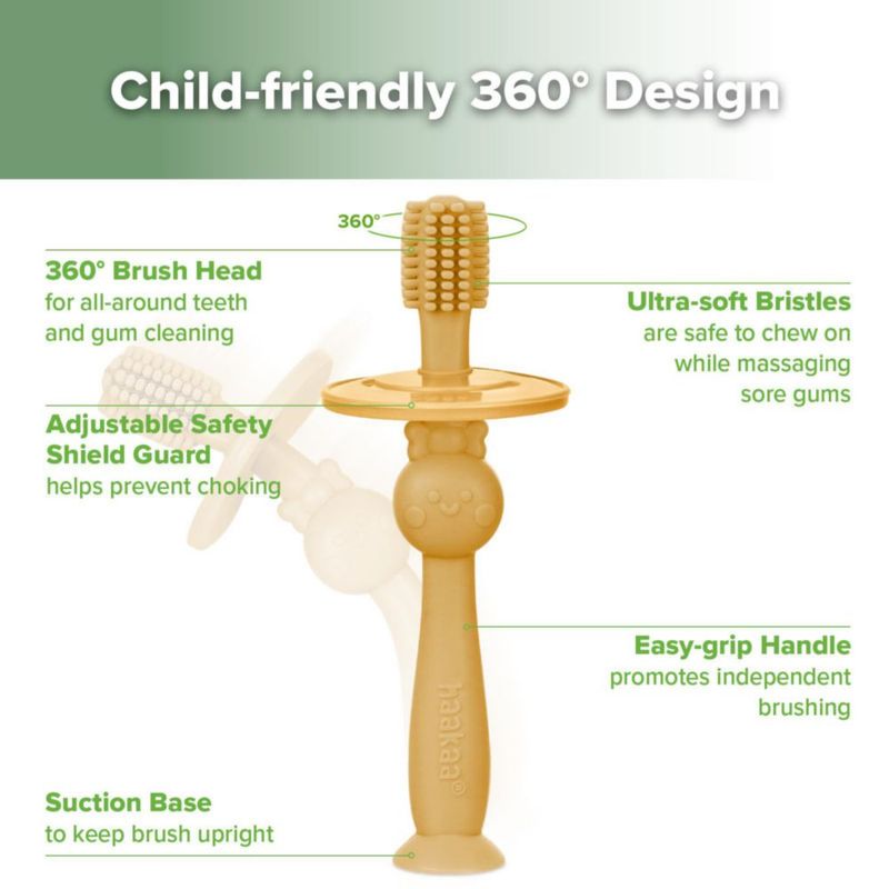 Cepillo de dientes haakaa 360° de silicona color mostaza con succión