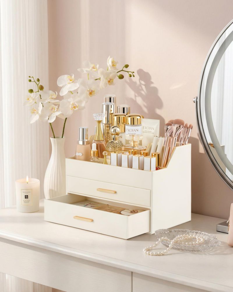 Lolalet Organizador de Maquillaje para Tocador Caja de Almacenamiento de Cosméticos de Cuero PU de Lujo de 3 Niveles con Cajones - Beige