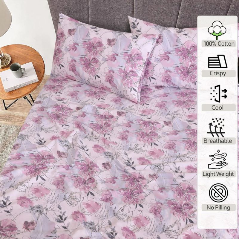 Juego de sábanas RUVANTI King con diseño floral lila de algodón percal