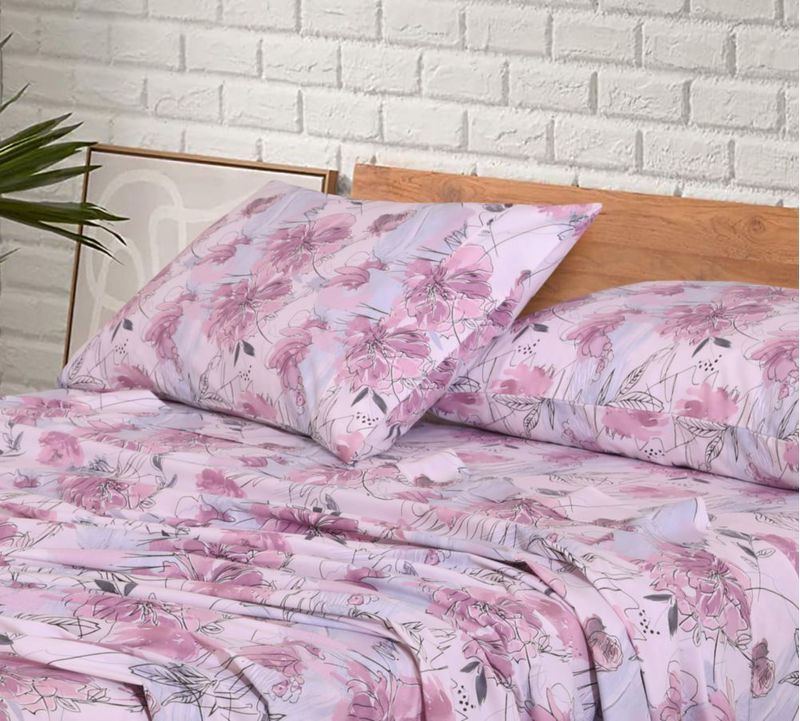 Juego de sábanas RUVANTI King con diseño floral lila de algodón percal