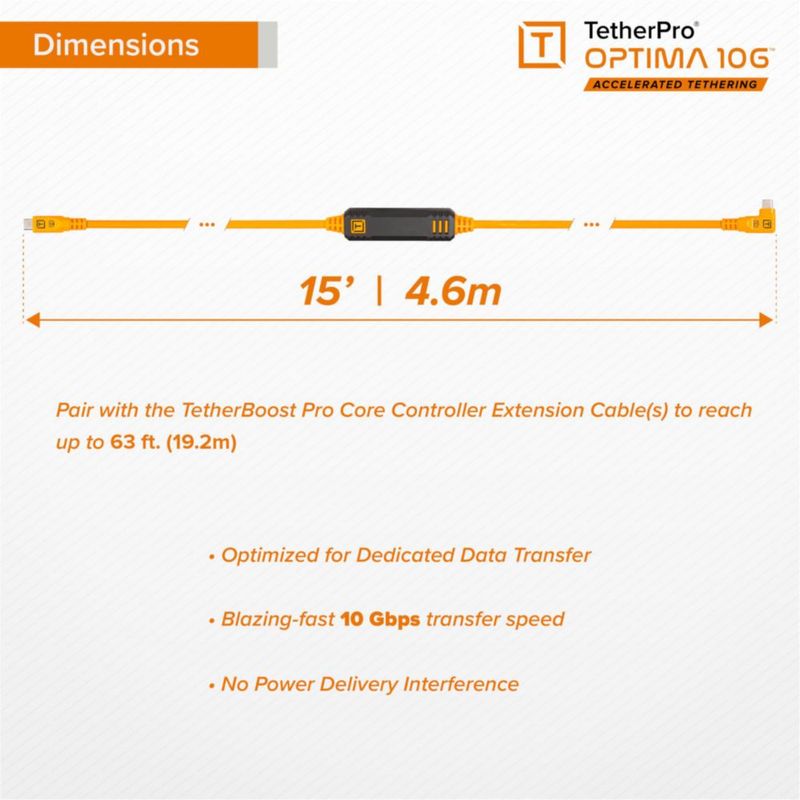 Cable USB-C Tether Tools Optima 10 Gbps de 46 m naranja