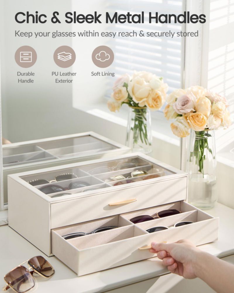Organizador de Gafas Lolalet 12 Compartimentos con Tapa Transparente Color Crema