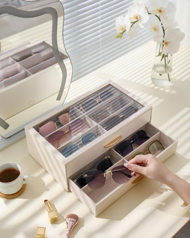 Organizador de Gafas Lolalet 12 Compartimentos con Tapa Transparente Color Crema
