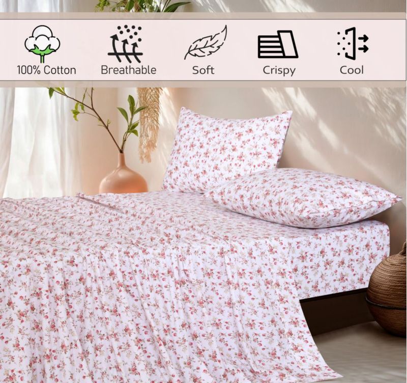 Juego de sábanas RUVANTI Queen 100% algodón percal floral de 4 piezas