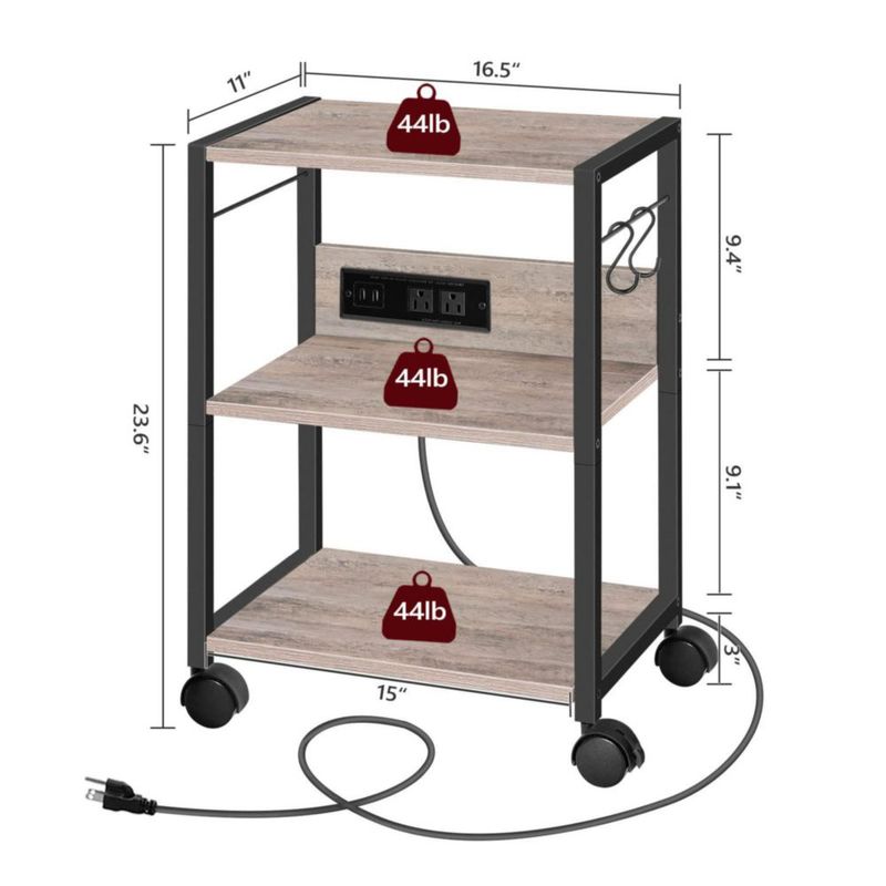 Carro de Impresora MAHANCRIS 42x28x60 cm 3 Niveles con Enchufes
