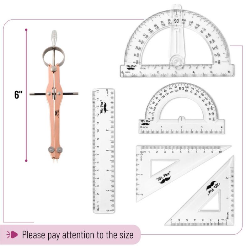 Juego de geometría Mr. Pen de 15 piezas rosa dorado y rosa transportador de 6"