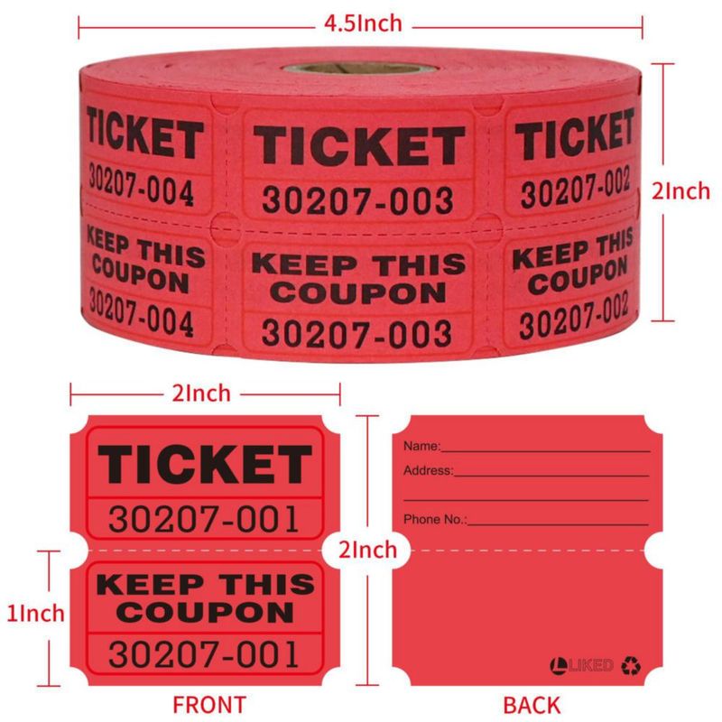 Boletos para Rifa L LIKED Doble Rollo 1000 Pares Rojo 5x5 cm