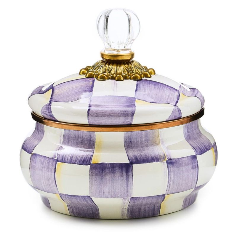 Cazuela de Almacenamiento de Alimentos MACKENZIE-CHILDS con Cuadro Violeta a Rayas de Esmalte