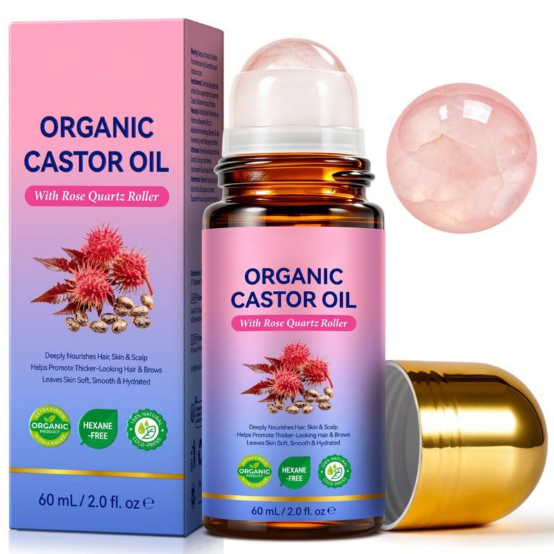 Aceite de Ricino Orgánico NenMaoKeNu 60 ml con Rodillo de Cuarzo Rosa